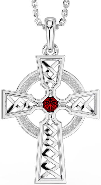 Garnet White Gold Celtic Cross Necklace