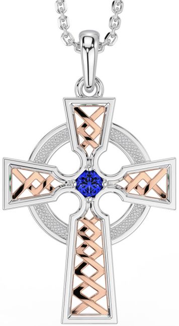 Sapphire White Rose Gold Celtic Cross Necklace