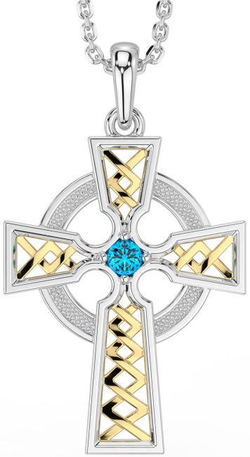 Topaz White Yellow Gold Celtic Cross Necklace