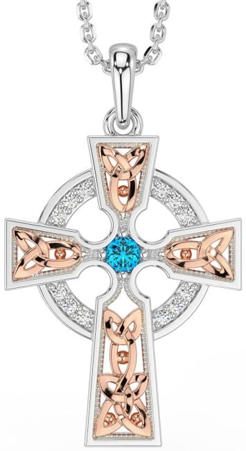 Diamond Topaz Rose Gold Silver Celtic Cross Necklace