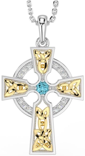 Diamond Aquamarine Gold Silver Celtic Cross Necklace