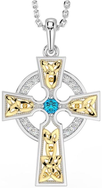 Diamond Topaz Gold Silver Celtic Cross Necklace