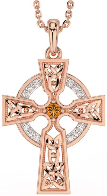 Diamond Citrine Rose Gold Silver Celtic Cross Necklace