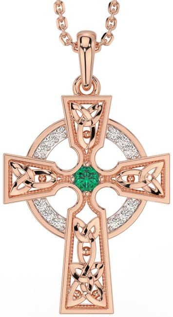 Diamond Emerald Rose Gold Silver Celtic Cross Necklace