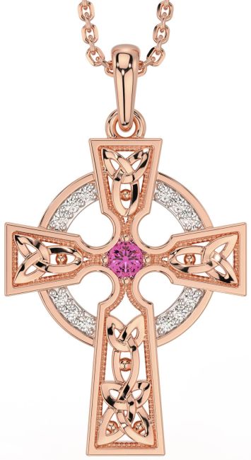 Diamond Pink Tourmaline Rose Gold Silver Celtic Cross Necklace