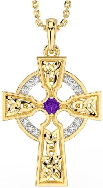 Diamond Amethyst Gold Silver Celtic Cross Necklace