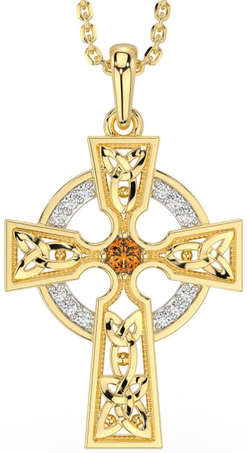 Diamond Citrine Gold Silver Celtic Cross Necklace