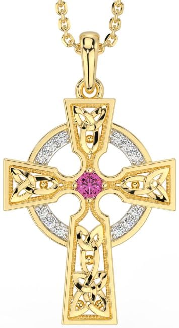 Diamond Pink Tourmaline Gold Silver Celtic Cross Necklace