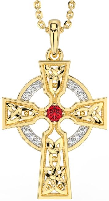 Diamond Ruby Gold Silver Celtic Cross Necklace