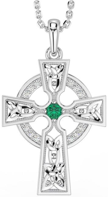 Diamond Emerald Silver Celtic Cross Necklace