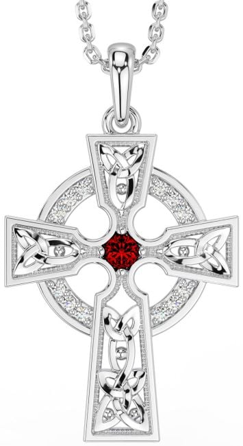 Diamond Garnet Silver Celtic Cross Necklace