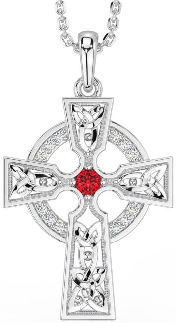 Diamond Ruby Silver Celtic Cross Necklace