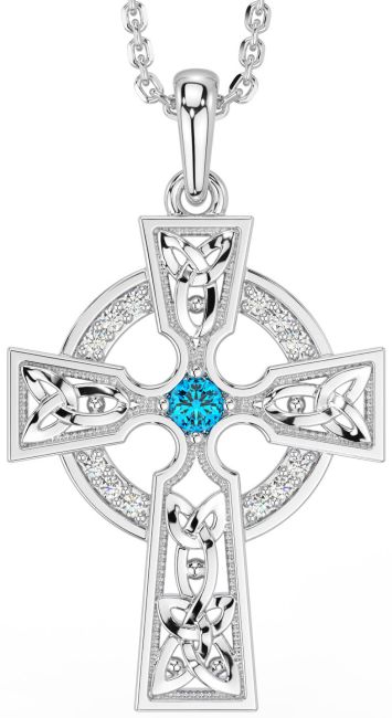 Diamond Topaz Silver Celtic Cross Necklace