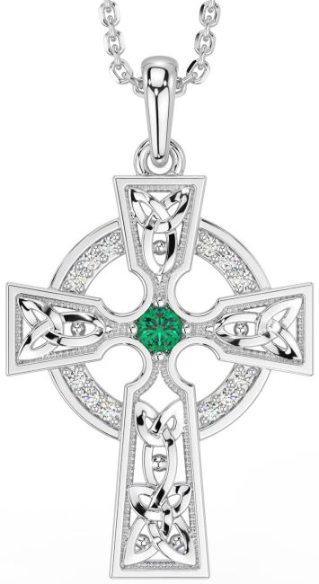 Diamond Emerald White Gold Celtic Cross Necklace