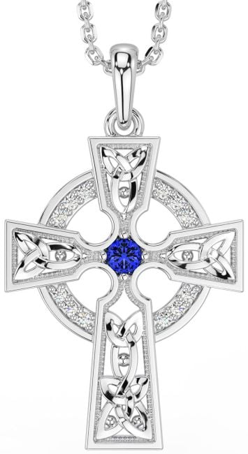 Diamond Sapphire White Gold Celtic Cross Necklace