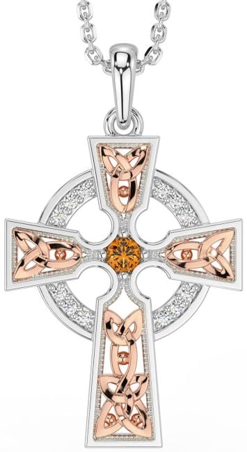 Diamond Citrine White Rose Gold Celtic Cross Necklace