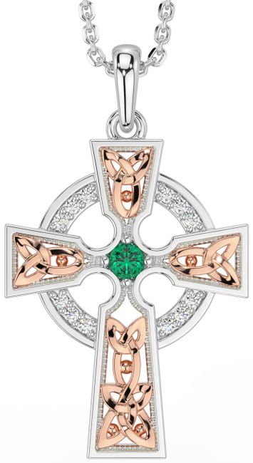 Diamond Emerald White Rose Gold Celtic Cross Necklace