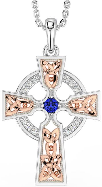 Diamond Sapphire White Rose Gold Celtic Cross Necklace