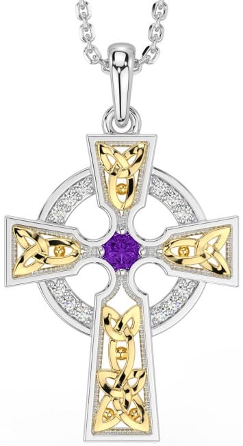 Diamond Amethyst White Yellow Gold Celtic Cross Necklace