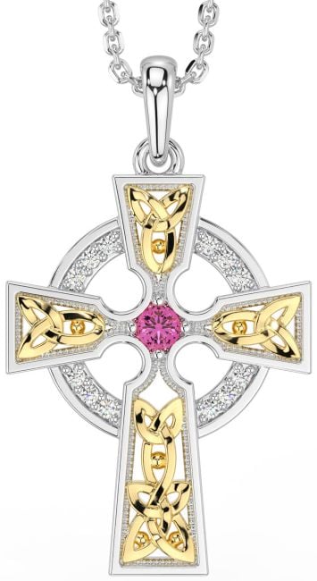 Diamond Pink Tourmaline White Yellow Gold Celtic Cross Necklace