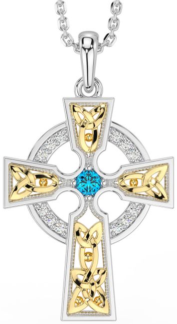 Diamond Topaz White Yellow Gold Celtic Cross Necklace