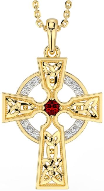 Diamond Garnet Gold Celtic Cross Necklace