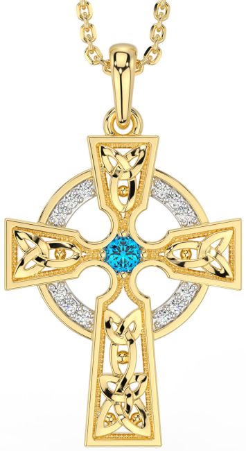 Diamond Topaz Gold Celtic Cross Necklace