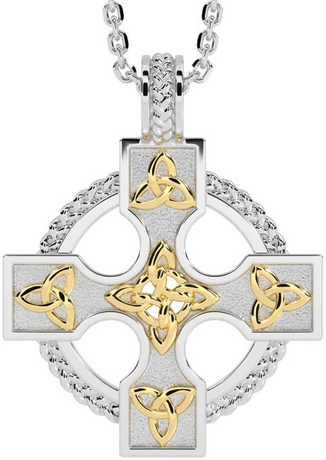 White Yellow Gold Celtic Cross Trinity Knot Necklace