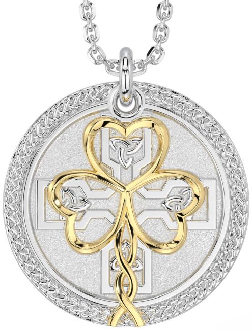 White Yellow Gold Celtic Shamrock Trinity Knot Necklace