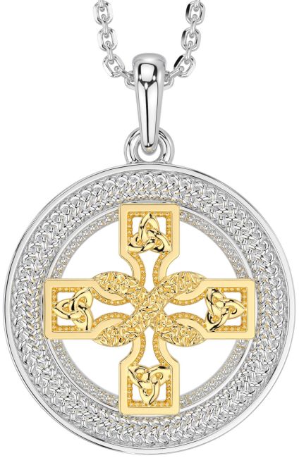 White Yellow Gold Celtic Cross Trinity Knot Necklace