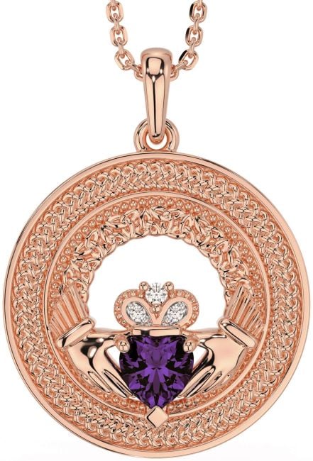 Diamond Alexandrite Rose Gold Silver Claddagh Celtic Trinity Knot Necklace