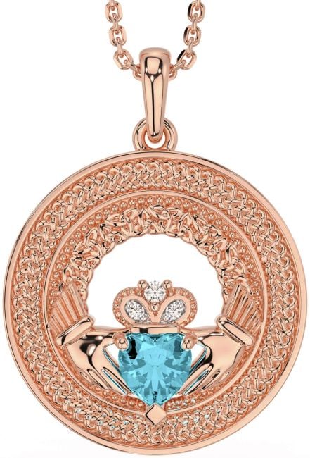 Diamond Aquamarine Rose Gold Claddagh Celtic Trinity Knot Necklace