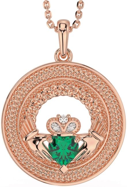 Diamond Emerald Rose Gold Claddagh Celtic Trinity Knot Necklace