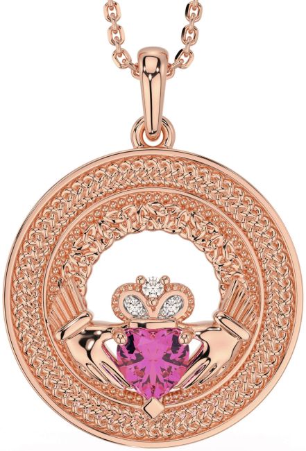 Diamond Pink Tourmaline Rose Gold Claddagh Celtic Trinity Knot Necklace