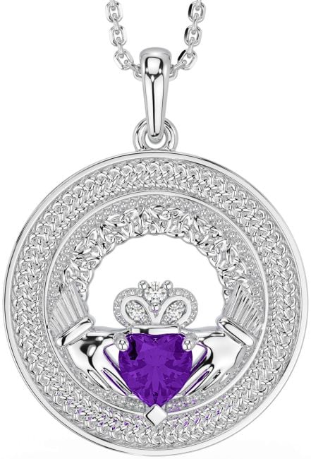 Diamond Amethyst Silver Claddagh Celtic Trinity Knot Necklace