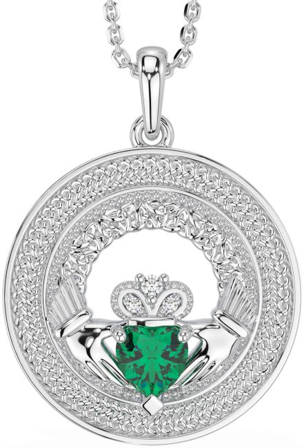 Diamond Emerald Silver Claddagh Celtic Trinity Knot Necklace