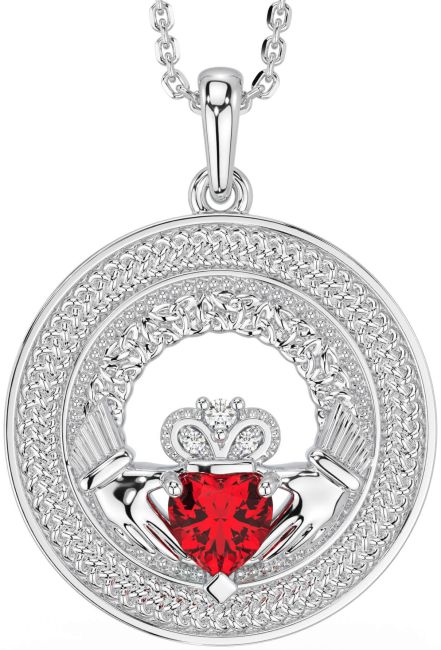 Diamond Ruby Silver Claddagh Celtic Trinity Knot Necklace