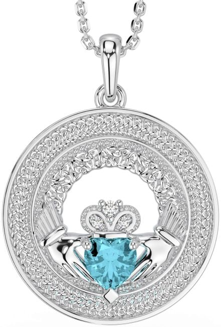 Diamond Aquamarine White Gold Claddagh Celtic Trinity Knot Necklace