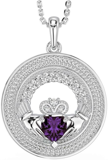 Diamond Alexandrite White Gold Claddagh Celtic Trinity Knot Necklace
