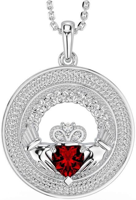 Diamond Garnet White Gold Claddagh Celtic Trinity Knot Necklace