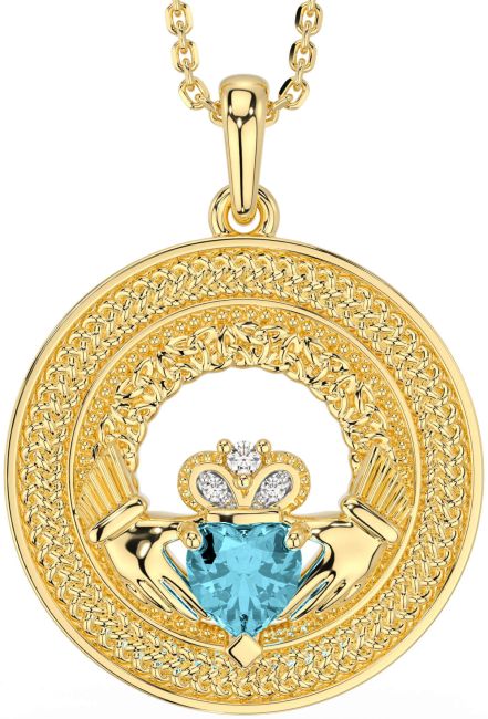 Diamond Aquamarine Gold Claddagh Celtic Trinity Knot Necklace