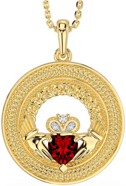 Diamant Granat Guld Claddagh Keltiskt Treenighet Knut Halsband