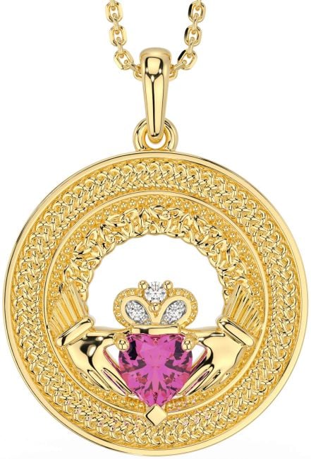 Diamond Pink Tourmaline Gold Claddagh Celtic Trinity Knot Necklace