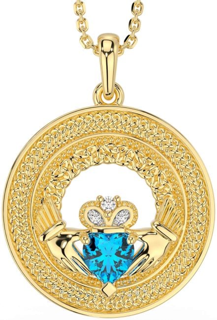 Diamond Topaz Gold Claddagh Celtic Trinity Knot Necklace