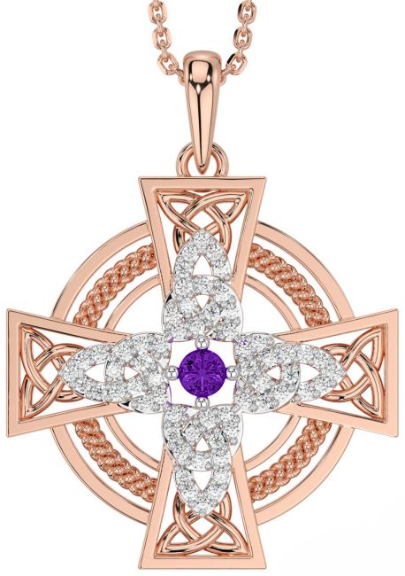 Large Diamond Amethyst Rose Gold Silver Celtic Cross Necklace