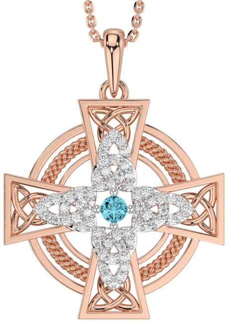 Large Diamond Aquamarine Rose Gold Silver Celtic Cross Necklace