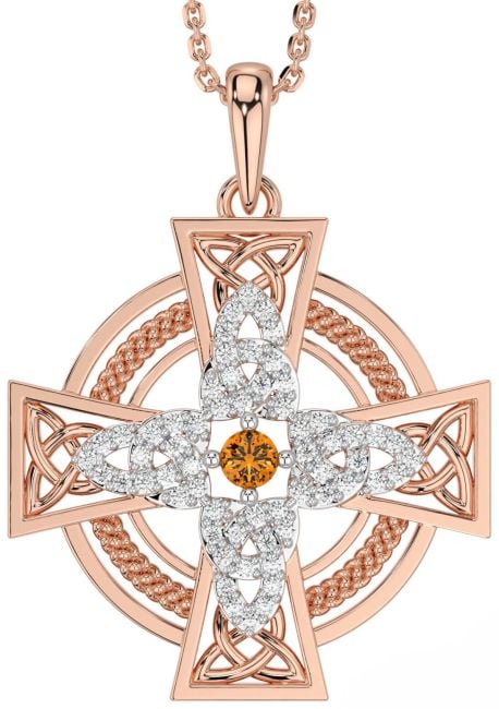 Large Diamond Citrine Rose Gold Silver Celtic Cross Necklace