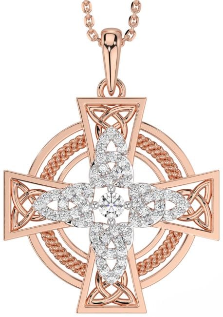 Large Diamond Rose Gold Silver Celtic Cross Necklace