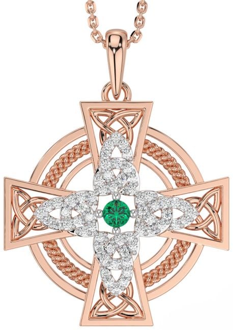 Large Diamond Emerald Rose Gold Silver Celtic Cross Necklace