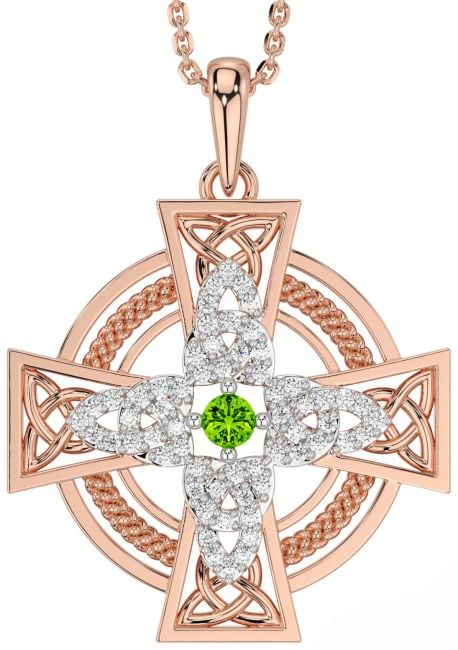 Large Diamond Peridot Rose Gold Silver Celtic Cross Necklace